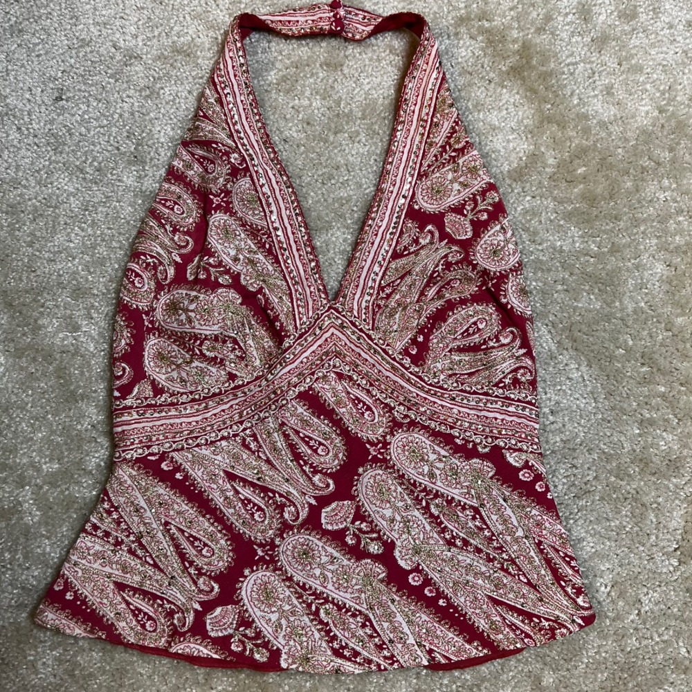 The Limited Vintage Y2K Red Paisley Halter Top Gold Detail XS Boho Festival